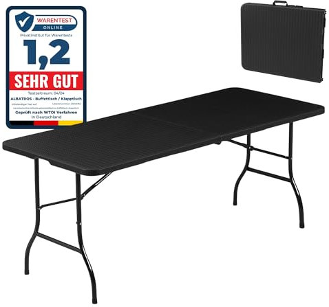 Albatros Buffettisch Klapptisch Schwarz/Rattan – 182x75cm, robuste Konstruktion klappbar und hohe Tragkraft –für bis zu 10 Personen – Tisch für Bierzelt mit Tragegriff
