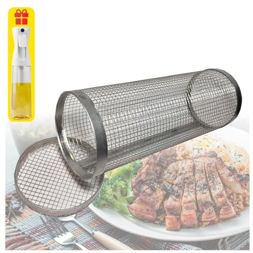 Parrilla Barbacoa Acero Inoxidable, Ccesorios Barbacoa De Obra Asador Barbacoa, Cesta Para Verduras Para Todo Tipo De Barbacoas (Viene Con Un Rociador De Aceite De 300ml),3pcs