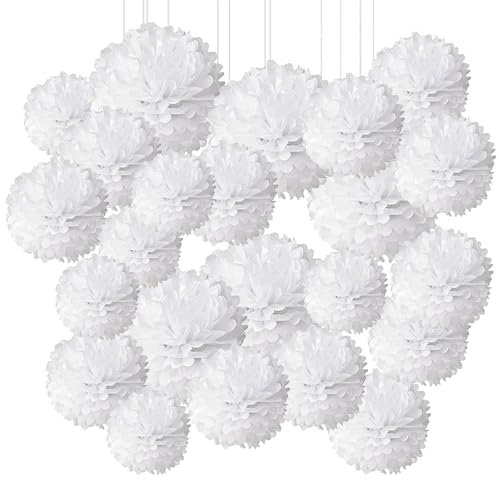 24er Pompons Deko Weiß, Seidenpapier Pompoms, Lampions Pom Poms Wabenbälle Fächer Dekoration Set Weiß für Hochzeit Feier Geburtstag Party Einschulungsparty Mottoparty Baby Shower