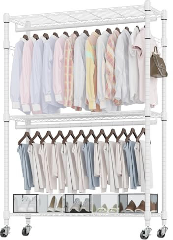 Doppelter Kleiderständer Mit Höhenverstellbaren Regalen, Schwerlast-Kleiderstange Mit 2 Haken, Rollen, 90*42*205cm, Weiß