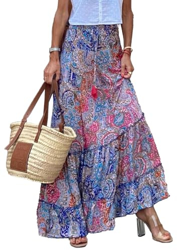 JENJON Femme Jupe Maxi Imprimé Taille Haute Elastique Casual Boho Fleurs Robe sans Manches 2 in 1 Jupes