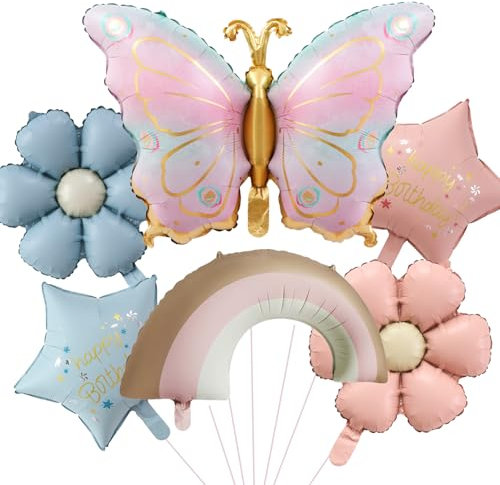 DazzJoy 6 Stk Schmetterling Folienballon,XXL Schmetterlinge Luftballons Geburtstag Set,Regenbogen Gänseblümchen Helium Ballon,Happy Birthday Luftballon für Junge Mädchen Geburtstag Jubiläum Party Deko