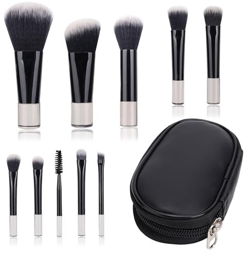 Mini Set de Pinceles de Maquillaje, 10 Piezas Conjunto Portátil de Viaje Con Bolsa de PU, Set Cosmético, Brochas Portátiles (Negro)
