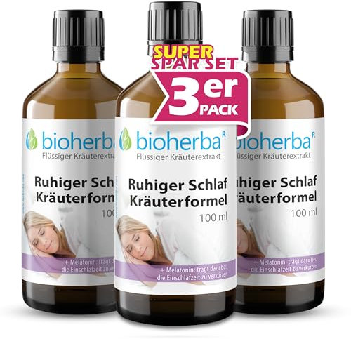 3 Stk. Ruhiger Schlaf Tropfen 100 ml – Mit Melatonin zur Verkürzung der Einschlafzeit* | Pflanzliche Rezeptur mit Baldrian, Johanniskraut & Passionsblume | Alkoholfrei | BIOHERBA