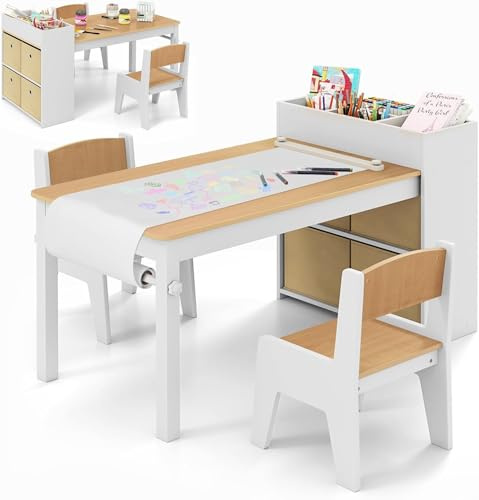 COSTWAY Kids Art Table and Chairs Set, Wooden Toddler Drawing Table with Paper Roll, 4 Fabric Bins, Multiple Storage Compartments, Children Crafts Activity Furniture for Boys Girls (Natural+White)