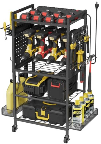 Power Tool Organizer Cart with Charging Station, Heavy Duty Garage Tool Organizer Rolling Tool Battery Storage with 8-Outlet Power Strip, 4 Wheels, 2 Hanging Baskets, 8 Hooks, Drill Bit Holder, Black