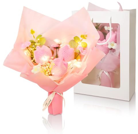 RUIOMII Pink Tulips Crochet Flowers Bouquet, Beautiful Handmade knitted flowers bouquet for Mother's Day Graduation Birthday Wedding Anniversary