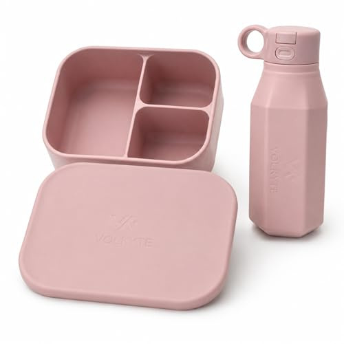 VOLKYTE Set de Fiambrera Bento y Botella de Silicona 350 ml para Niños a Partir de 3 Años, Sin BPA, Botella Antifugas, Apto para Lavavajillas, Malva Pálido