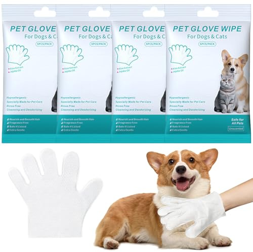 Editbar 24 pezzi/4 confezioni di guanti per la pulizia e la deodorazione, guanti per animali domestici, cura delicata del pelo, cura quotidiana e in viaggio
