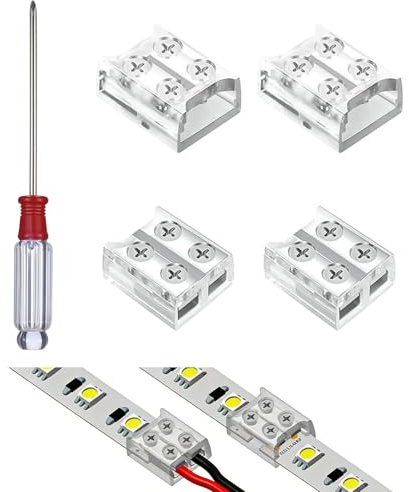 4 Conector Tira LED 2 Pines 8 mm 5V 12V 24V, 2 Cinta a Cinta + 2 Cintas a Cable, Kit de Conectores Leds sin Soldadura con Destornillador, Compatible Tiras LED SMD COB, Proyectos Iluminación Hogar