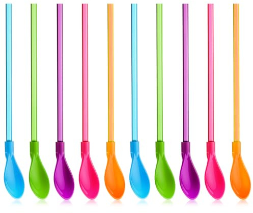 10 Pcs Plastic Straw Spoons Reusable Hard Plastic Detachable Straws Spoons