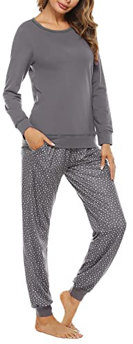 Litherday Pijama Mujer Invierno Algodón Suave y Transpirable Conjunto de Pijama Largo con Bolsillos y Cordón Ropa de Dormir Cómoda Talla Grande,Gris, M