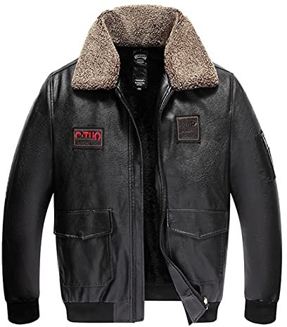 BEDSETS Herren Flieger Echtleder Jacke Mantel Schwarz Echtleder Bomber Flieger Abzeichen Design Pilotenjacke Abnehmbarer Pelzkragen, Schwarz , L