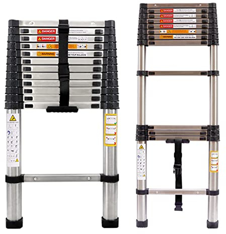 Stainless Steel Telescoping Ladder 12.5FT Heavy Duty Telescopic Extension Ladder Portable Collapsible Ladder 330lb Max Load for Home Maintenance Window Cleaning Garden Work Access Attic Loft