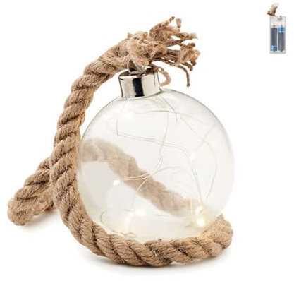 2 sfere decorative a LED (Ø 8 cm) – funzionamento a batteria da appendere e appoggiare – Palline decorative natalizie in vetro con cordoncino di iuta, catena luminosa bianca calda, set da 2 pezzi