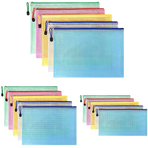 Sliva Dokumententasche A4+A5+A6, 15 Stücke (Je 5) Zip Tasche, Mesh Kunststoff Reißverschlusstasche für Datei,Papier, Dokumente, Quittungen, Kosmetika und Farbe Taschen, 5 Farben