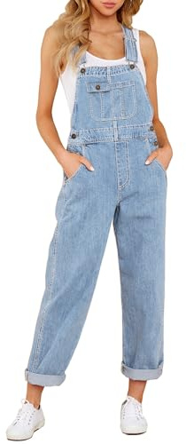 Roskiky Jean de travail en denim stretch pour femme, jambe droite, coupe droite, jean à bretelles, combishort confortable avec ceinture réglable, bleu ciel, XS