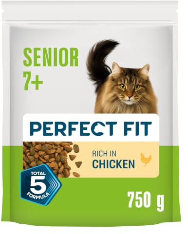 Perfect Fit Senior 7+ Complete Dry Cat Food for Senior Cats Aged 7+ Years, Rich in Chicken, 4 Bags (750 g)
