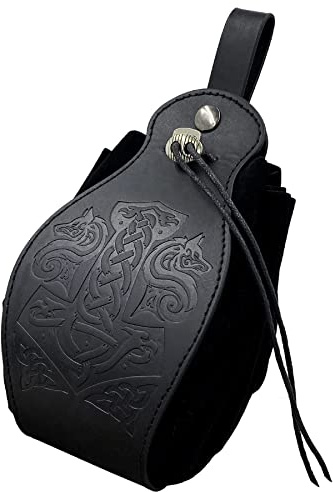 Medieval Vikingo Bolsa de Cinturón Negro de Cuero de imitación Bolsa de Cinturón Retro Portátil Bolsa de Cordón Renacimiento Dados Bolsa para Larp Cosplay