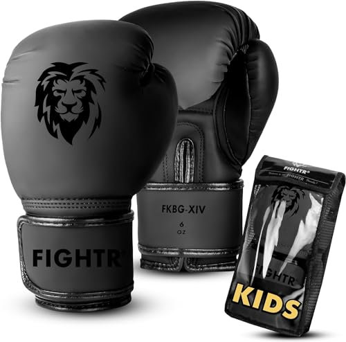 FIGHTR® Kinder Boxhandschuhe mit bestem Sitz für maximalen Schutz | Junior Jungen und Mädchen | für Boxen, MMA, Muay Thai, Kickboxen & Kampfsport 04 06 oz | inkl. Tragetasche (All Black, 06 oz)