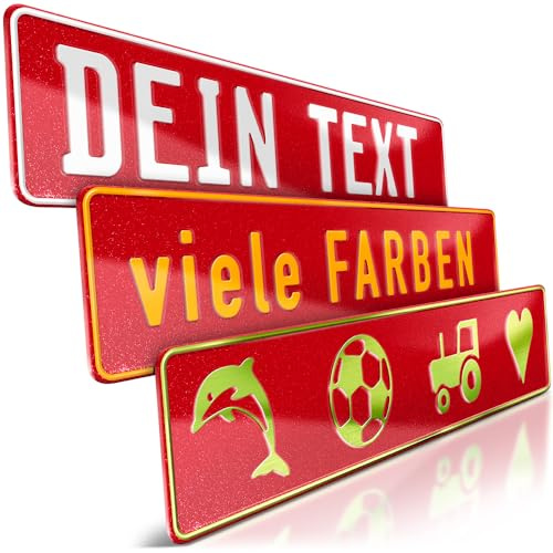 schildEVO 1 Fun-Schild geprägt | Rot Glitter mit Wunschtext bis zu 16 Zeichen | Aluminium Namensschild | Individuelles Fun-Kennzeichen | Bohrlöcher & Saugnäpfe