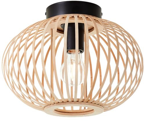 Lightbox Nature Deckenlampe - 23 cm, Ø 30 cm - runde Deckenleuchte mit Bambus/Gitter Schirm - E27, max. 60 W - aus Metall/Bambus - in Hellbraun/Schwarz