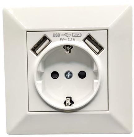 Jandei - Enchufe Schuko 2P+T 16A con 2 USB 5V 2.1A, Decoración Elegante Pared Interior, Fácil de Instalar, Incluye Marco y Mecanismo, Policarbonato Color Blanco