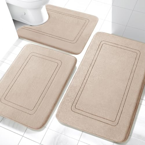 chakme Badezimmerteppich Set 3 Teilig, Weiche Memory-Schaum Badematte und U Förmige wc Vorleger, Badteppich rutschfest Waschbar Badvorleger Set Beige