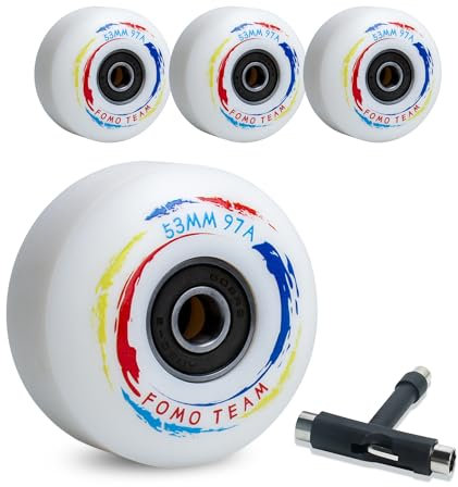 FOMO Team Skateboard Rollen Skateboard Räder, 53X33 mm, 97A, 4Stück, Straßenräder mit ABEC-9 Kugellagern mit T-Tools für Skateboard-Ersatzräder