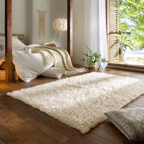 Taracarpet Teppich Wollteppich Flokati Diana aus Schurwolle, Schafwollteppich Hochflor Langflor fürs Wohnzimmer Schlafzimmer Esszimmer Weiss beige Creme 160x230 cm