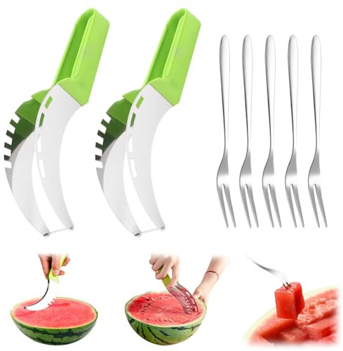 Feliciay 7 Stück Multifunktionaler Obstschneider aus Edelstahl, Edelstahl Wassermelonen Schneider mit Fruchtgabeln,Schneidklinge für Wassermelone Drachenfrucht Cantaloupe Cutter