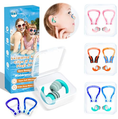 Nasenklammer Schwimmen mit Ohrstöpsel - 9 Stück Silikon Nasenclip Schwimm Ohrstöpsel für Kinder und Erwachsene, wasserdichte Nasenklammer für Schwimmen Anfänger mit Aufbewahrungsbox, mehrfarbig