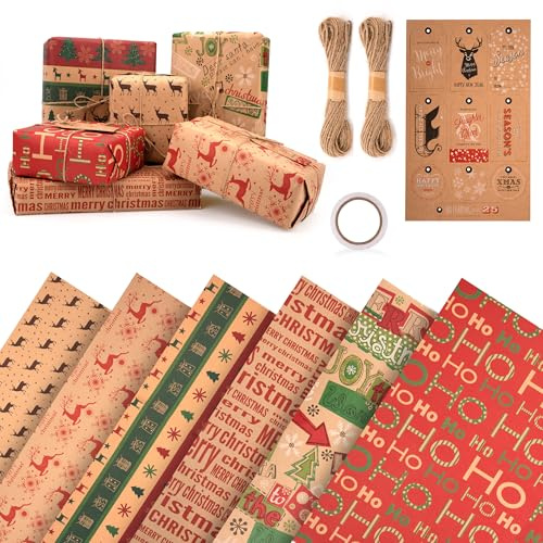 Yesaler Carta da Regalo Natalizia Set 6 Fogli Kraft Carta da Regalo Natale Riciclabile in 6 Modelli Unici di Elementi Natalizi per Regali di Natale 50x70 cm