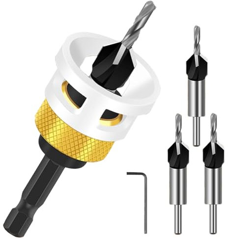 Juego de 6 brocas avellanadoras cónicas, avellanador con tope de profundidad, avellanador para madera con vástago hexagonal de 1/4 pulgadas, de HSS-M2, avellanador cónico de madera con tope de