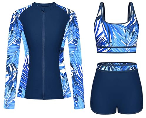 Traje de baño de 3 piezas para mujer, con protección UV UPF 50+, manga larga, traje de baño con cremallera, conjunto de bikini modesto, protección solar, camiseta de natación, parte superior de