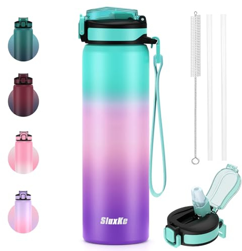 SLUXKE 24oz Water Bottle Insulated with Straw, Stainless Steel Water Bottles with Carrying Strap BPA Free, Double wall Straw Drinking Bottle Prefect for Sport,School, Office, Fitness