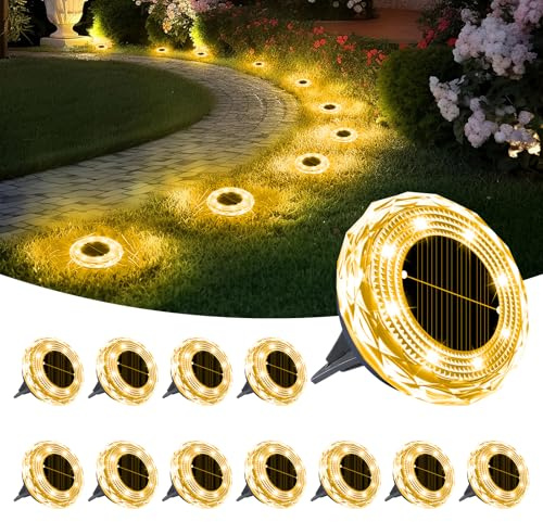 YATOSEEN 12 Luces Solares de Suelo para Exterior, Luces Solares para Jardín IP65 Resistentes al Agua, 8 LED Perlas de Luz, para Caminos, Patios y Senderos (Luz cálida)