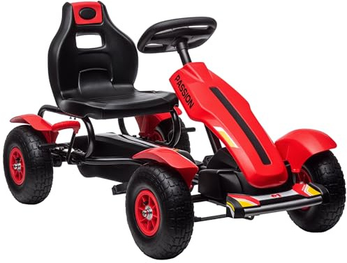HOMCOM Go Kart a Pedales para Niños de +5 Años Coche de Pedales Infantil con Asiento Ajustable Neumáticos de Goma Freno de Mano para Niños y Niñas Carga 50 kg 121x58x61 cm Rojo