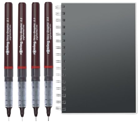 Rotring Tikky Graphic - Lot de 4 stylos à pointe fine avec quatre épaisseurs différentes, encre noire + carnet à spirale A5