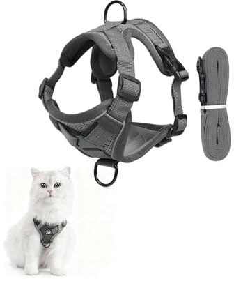WGCHAIE Arnes Gato Antiescape, Arnés para Gatos con Correa, Arnés para Gato Ajustable, Chaleco de Tela de Malla Suave y Transpirable para Pequeño Medio Grande Adulto Gatos, Gris, M