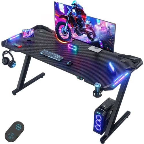 Devoko 140 x 60 cm Gaming Tisch, Gaming Schreibtisch mit LED