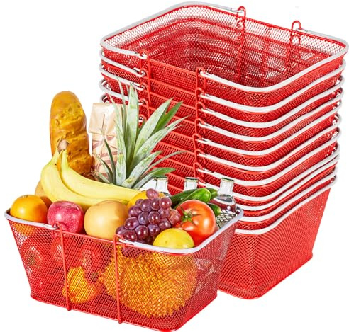 VEVOR Panier de Courses en Métal Panier à Provisions Empilables, Lot de 12, 22 L avec Poignées, Structure en Maille Dense, Charge 20 kg, pour Épicerie, Vente au Détail, Magasins, Supermarchés, Rouge