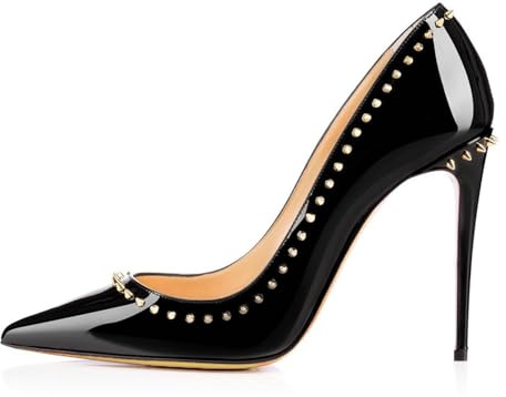 Zapatos de Tacón con Remaches y Tachuelas para Mujer, Cómodos de Punta Puntiaguda Sin Cordones Estilo Stiletto para Vestir Banquetes Bodas Fiestas Oficina y Trabajo,Negro,35 EU