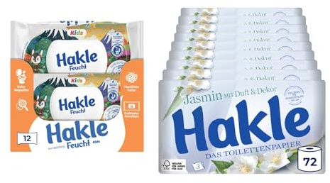 Hakle Feucht Kids Feuchtes Toilettenpapier, 12er-Pack (12 x 42 Blatt) und Toilettenpapier mit Jasminduft & Dekor - 72 Rollen