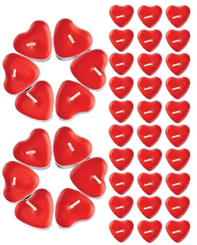 Box of 50 Red Heart Shaped Tea Lights - Candles for Valentine's Day, Proposals, Weddings, Anniversaries, Centrepieces, Romantic Floating Mini Tea Lights, Smokeless and Scented Decorations