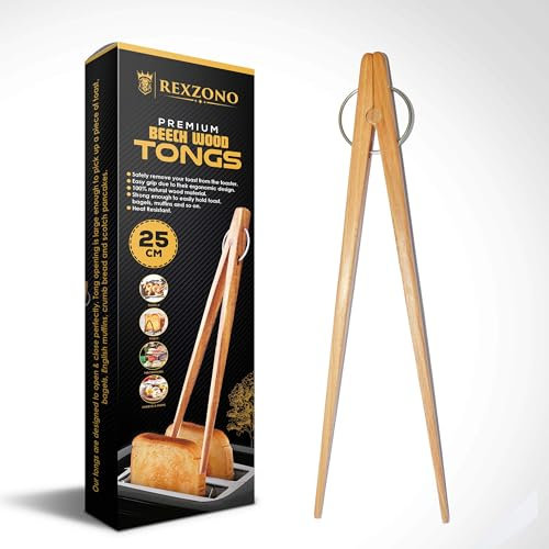 Rexzono® Long Wooden Toast Tongs 25cm for Toaster, Serving Food, Buffet, Salad, Home and Restaurants