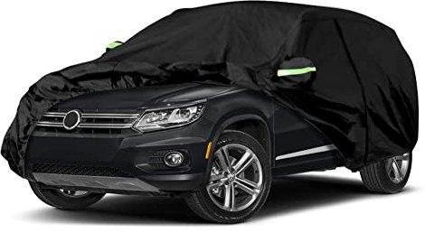 Autoabdeckung Wasserdicht für VW Tiguan 2017–2022, SWB Atmungsaktiv Vollgarage Auto Abdeckplane für Regen Sonne Staub Schutz mit Reißverschluss, Schwarz Autohülle für Innen und Außenbereich