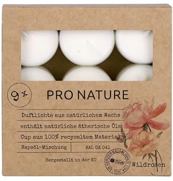 Müller Kerzen PRO NATURE Duftlichte mit Rapsöl - Wildrosen - 9er Pack - 6 Stunden Brenndauer - Teelichter aus Natürlichem Wachs, Ätherischen Ölen - Hülle 100% recyceltes Material