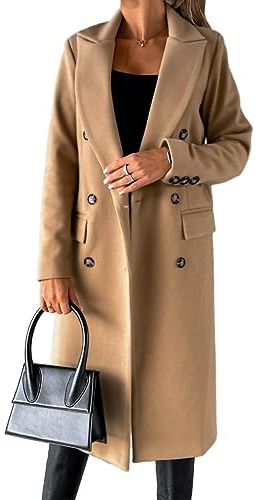 IDEALSANXUN Womens Long Wool Coat Double Breasted Trench Coat Fall Winter Clothes, Camel, X-Large