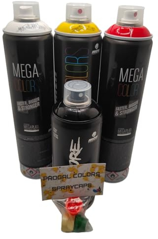 PROGAL COLORS Lote de pintura en spray graffiti 3x600ml + 1x 400ml +3 boquillas extra